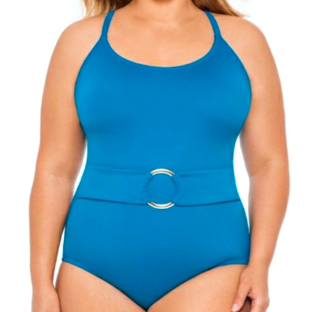 Time & Tru One Piece Swimsuit with Belted Detail Teal Blue Women’s 1X 16 - 18